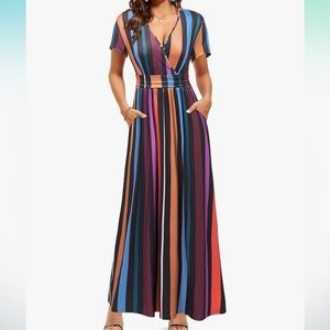V-Neck striped Pocket Maxi Long Dress